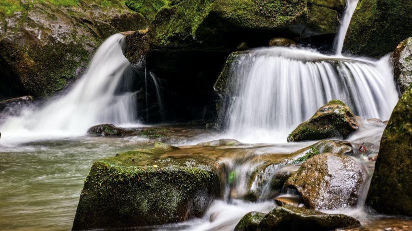 Water flowing down rocks covered in moss to a pool of water