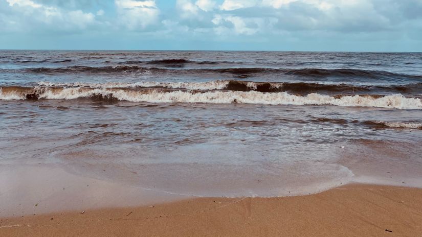 a serene beach with clear blue water and backdrop of the sky