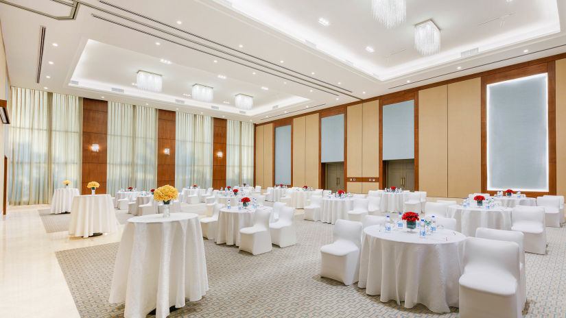 a banquet hall at Karma Lakelands set up for a reception