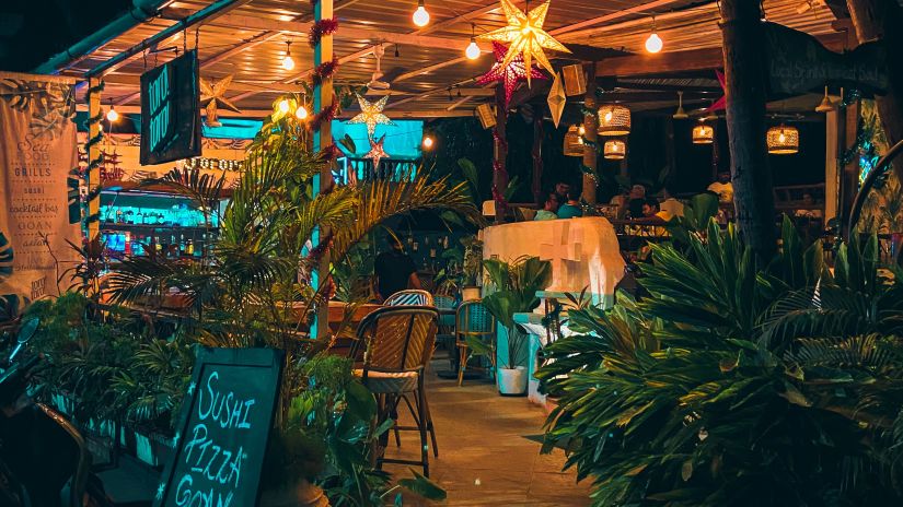 a quaint pub in Goa during night time surrounded by indoor plants and a board that displays the menu