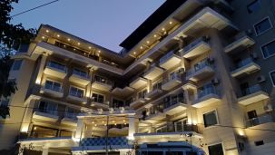 Facade of Stone Wood Hotel, RIshikesh at night