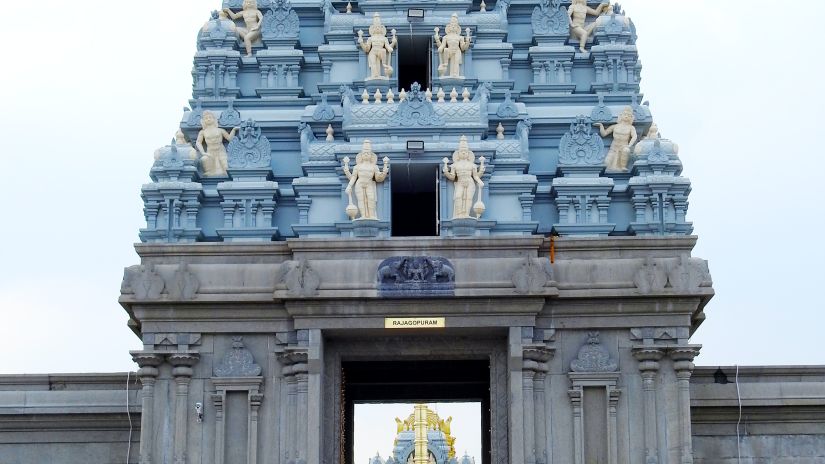 Facade of Sree Venkateshwara temple with the entrance in view 