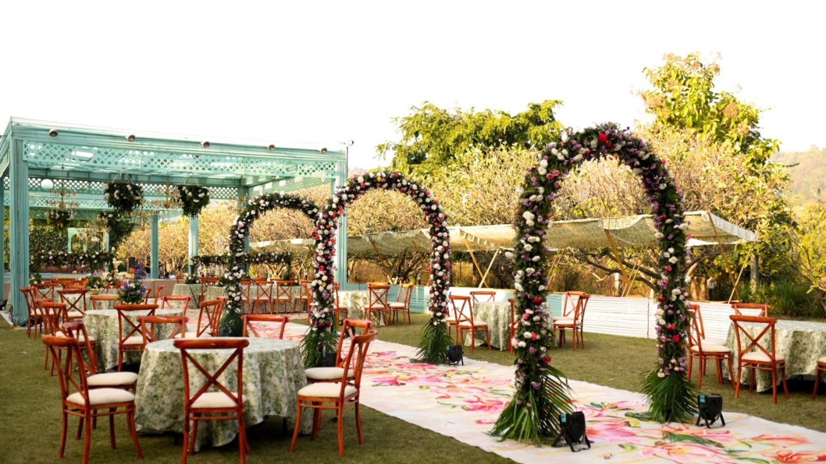 A decoated walkway in the garden for an event at Golden Tusk