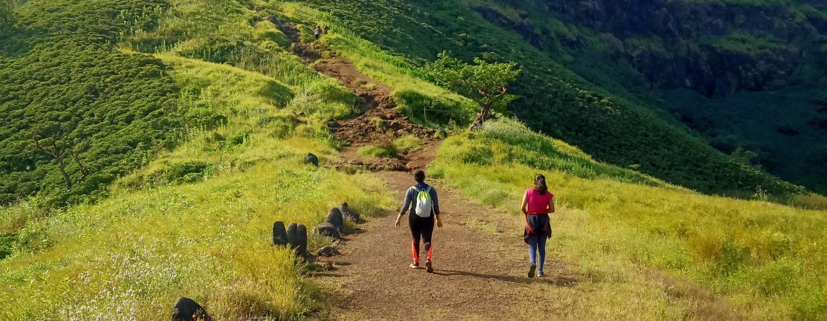 People trekking up a hilly trail