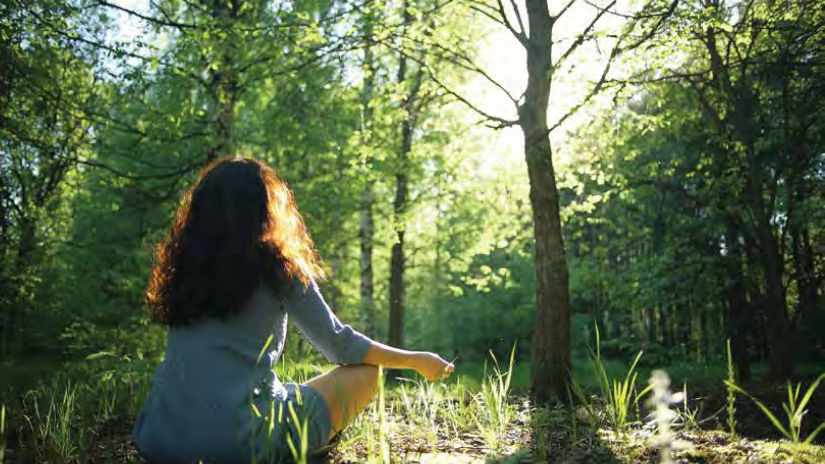 a woman doing meditation in the forest