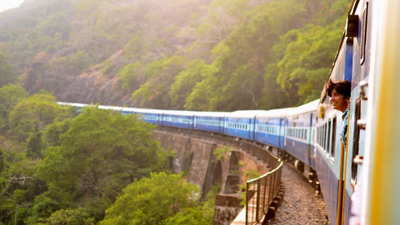 A train emerging from bright green vegetation