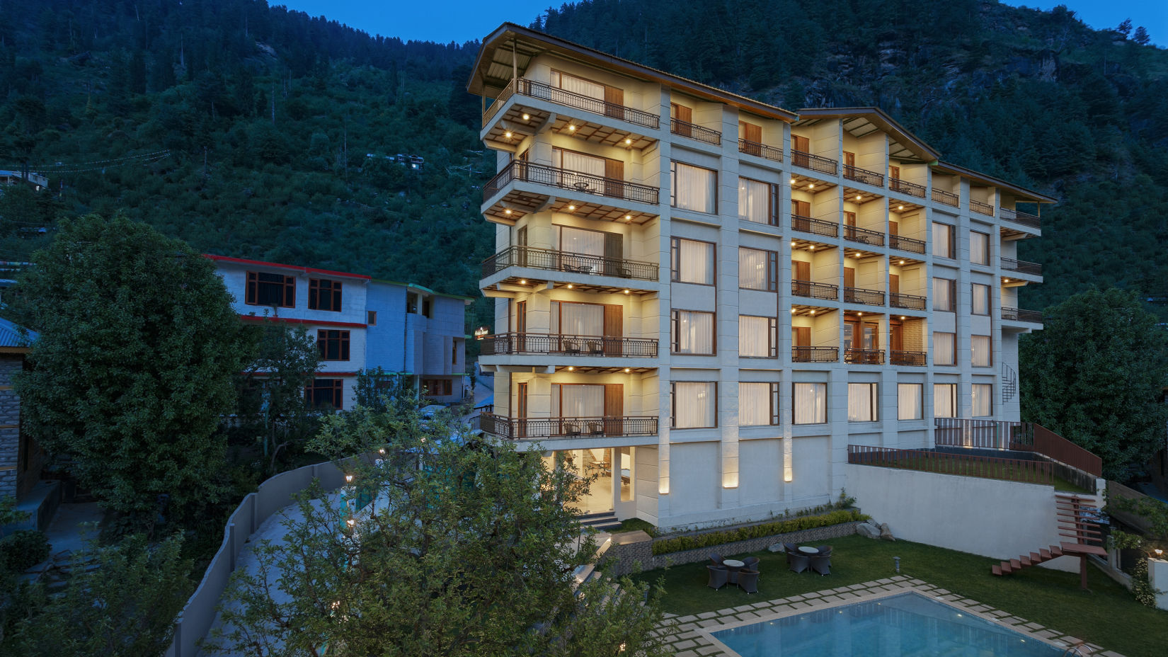 exterior facade of The Orchid Hotel in Manali