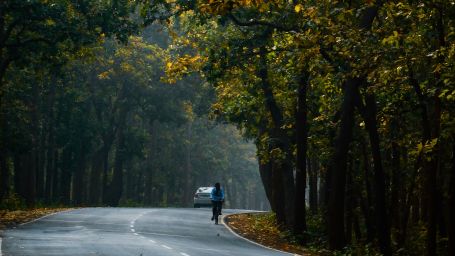 bicycle and car on a road in Siliguri