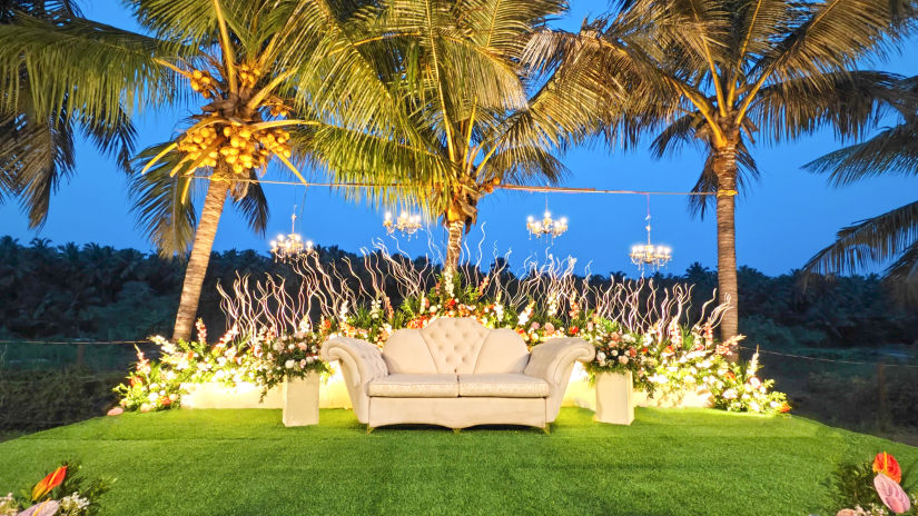 A white sofa decorated for wedding image 4 - Ibex River Resort, Pollachi