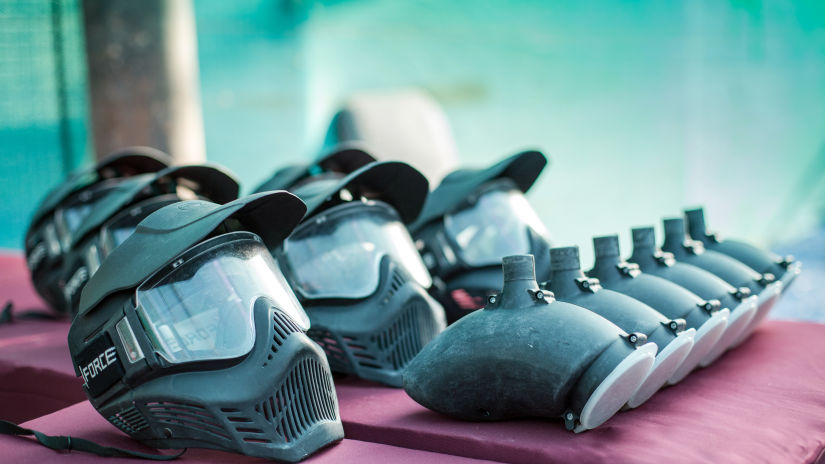 Helmets arranged on a table