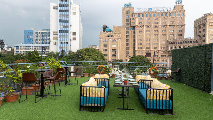 A rooftop garden cafe with artificial grass, potted plants, and a view of an ornate building in the background. - Polo Floatel, Kolkata