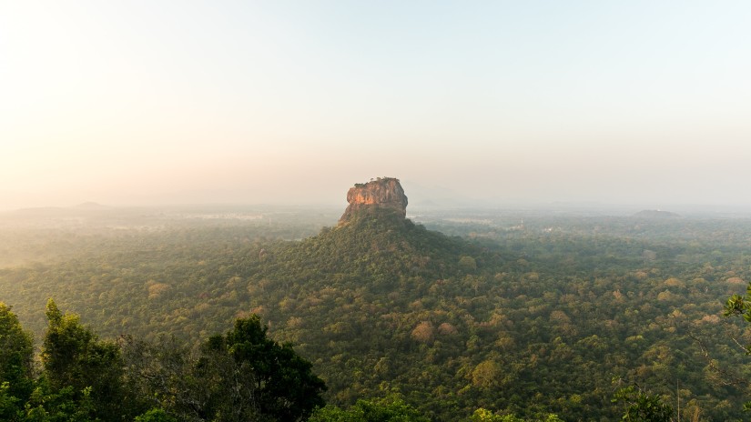 a panoramic view of Pidurangala Rock covered in lush greenery from all sides