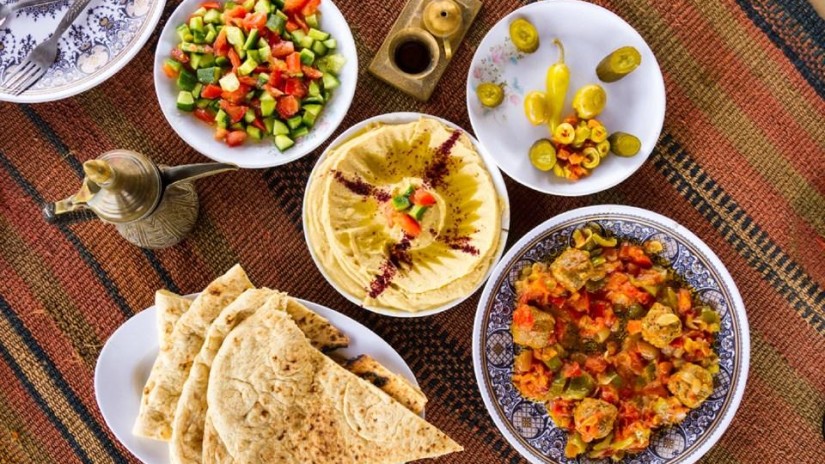 platter of Middle-Eastern food on table