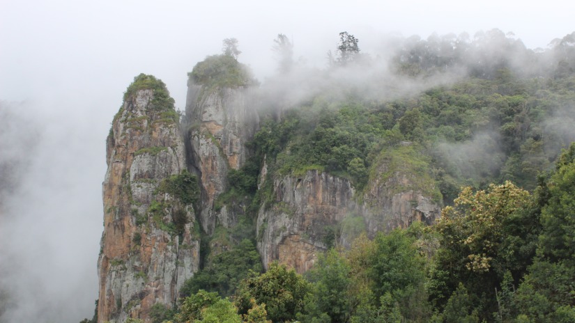 a view of a mountain covered in fog from a distance in Kodaikanal