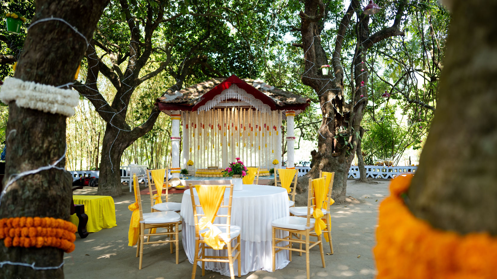 A view of the seating arrangements with the stage in the background at The canopy, Capitol Village Resort, Madikeri