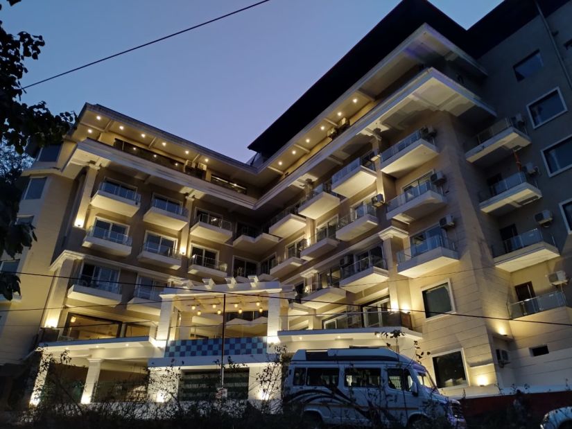 Facade of Stone Wood Hotel, RIshikesh at night