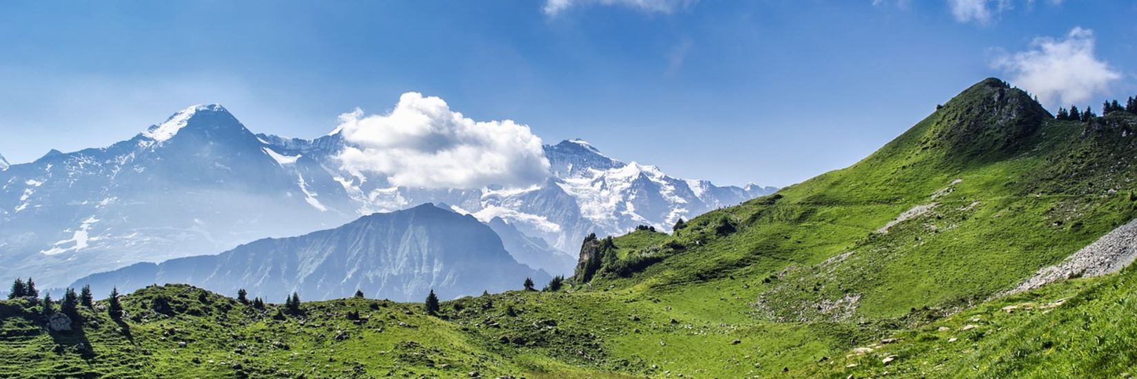 A scenic view of lush green mountains