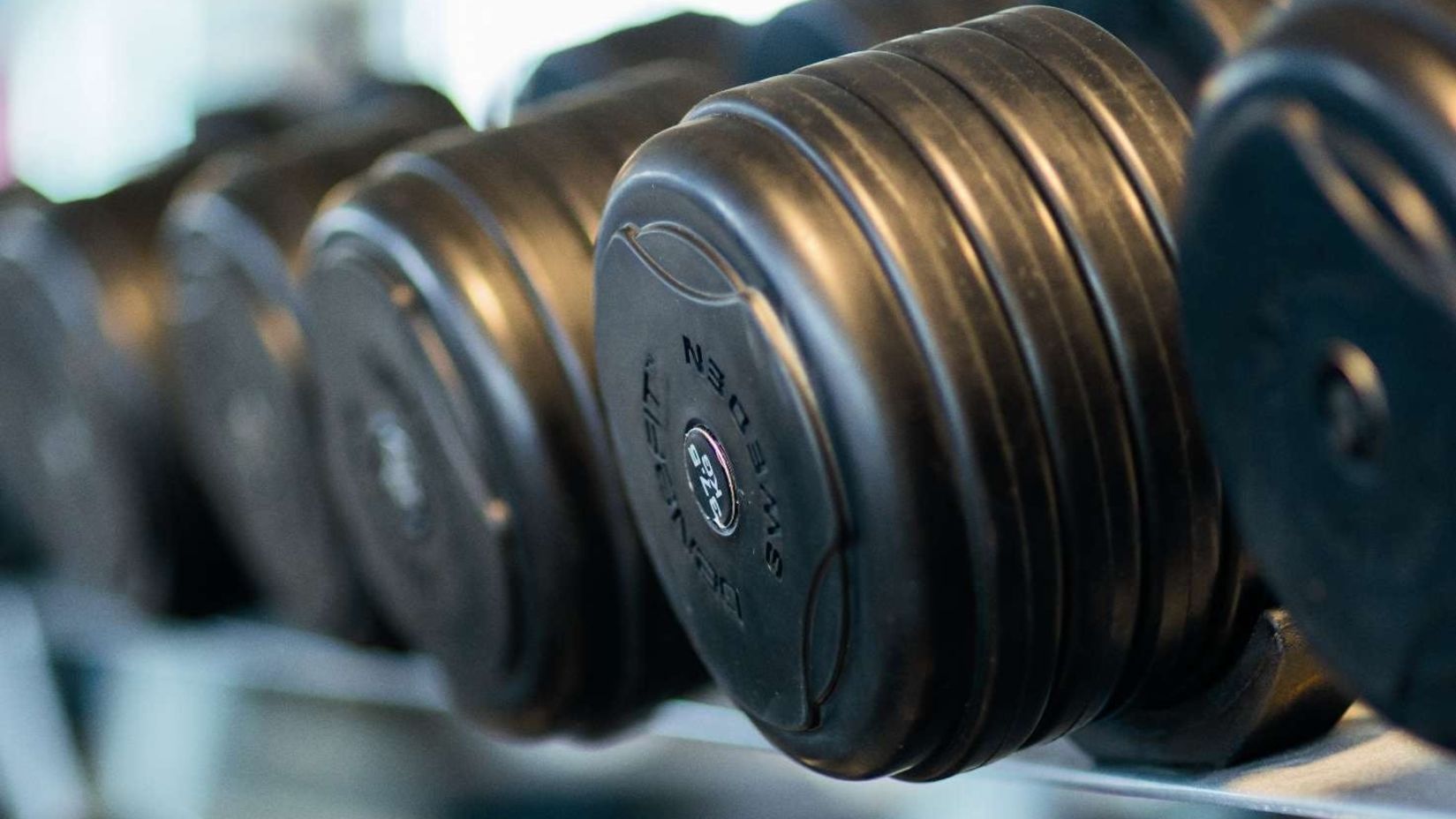 Two row of dumbels placed in racks in a gym