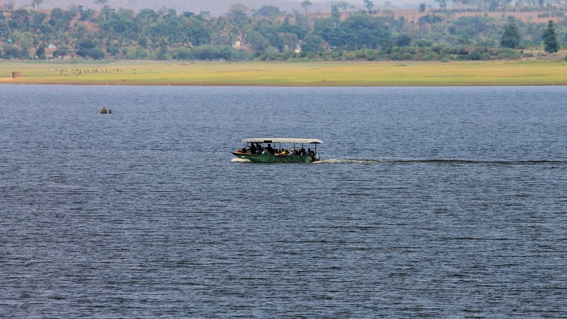 A boat in the kabini river with the kabini forest in the background