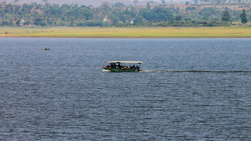 A boat travelling in the kabini river with with trees in the background