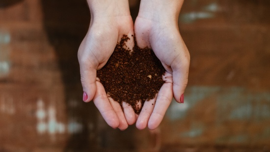 an image of a two hands joined together while holding brown colour soil with a blurry background