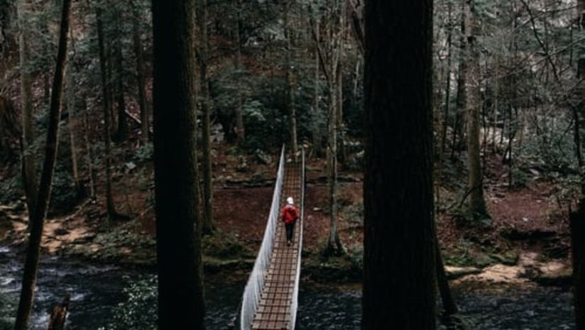 a person crossing a narrow bridge over a river in the woods