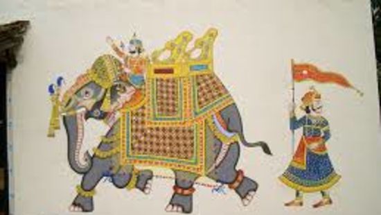 a drawn image of an elephant and a person riding with another person holding a flag