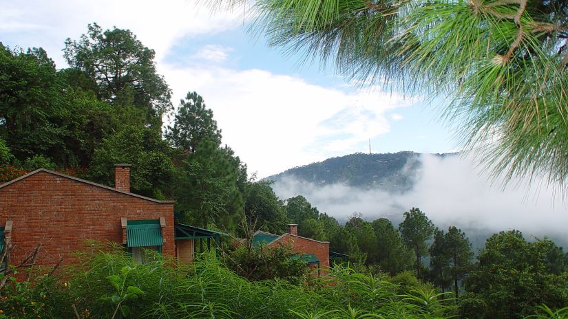 a wide view of cottages with a  dense fog covering a hill seen in the distance - Baikunth Resort, Kasauli