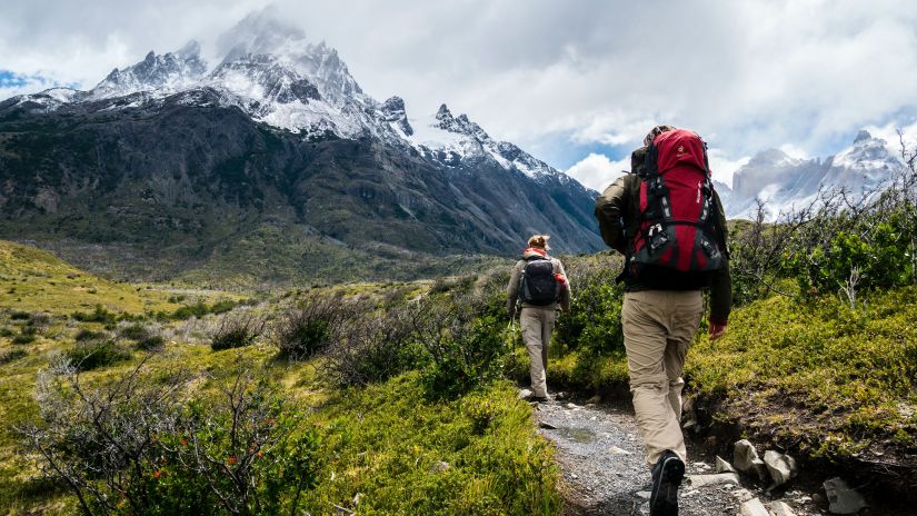 Two people walking on a trekking path with greenery around them and a snow-clad mountain in the background