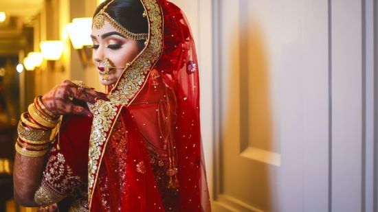 A bride posing for a picture wearing the iconic red colour - Raj Park Hotel, Chennai