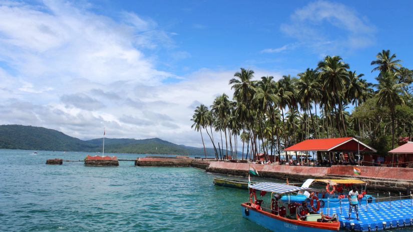 A wide view of ferries at a jetty on an island