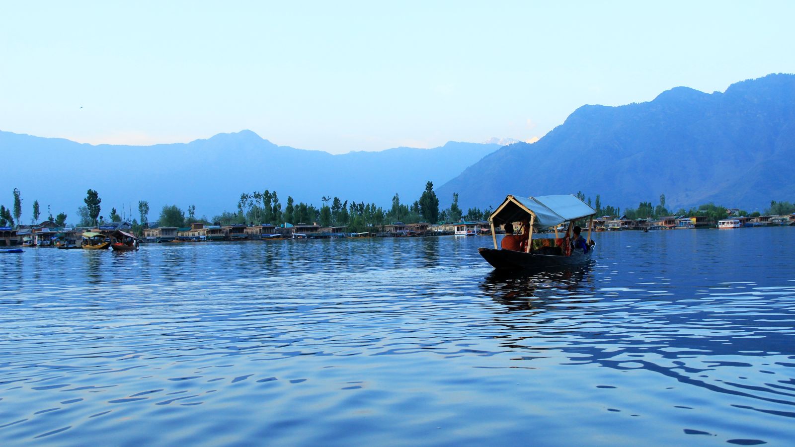 People sitting inside the shikara boats taking in the beautiful surroundings