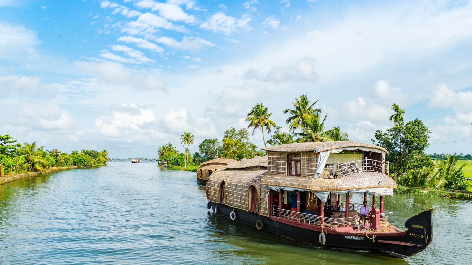 A houseboat cruising on a narrow waterbody flanked by lush greenery