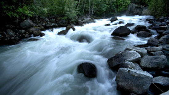 a gushing river flowing through boulders with forest cover on either side - Black Thunder, Coimbatore