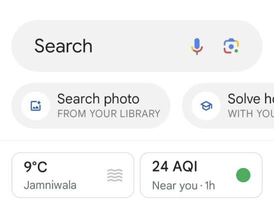 alt-text A Google search page with options for voice and camera search, 9°C weather, 24 AQI