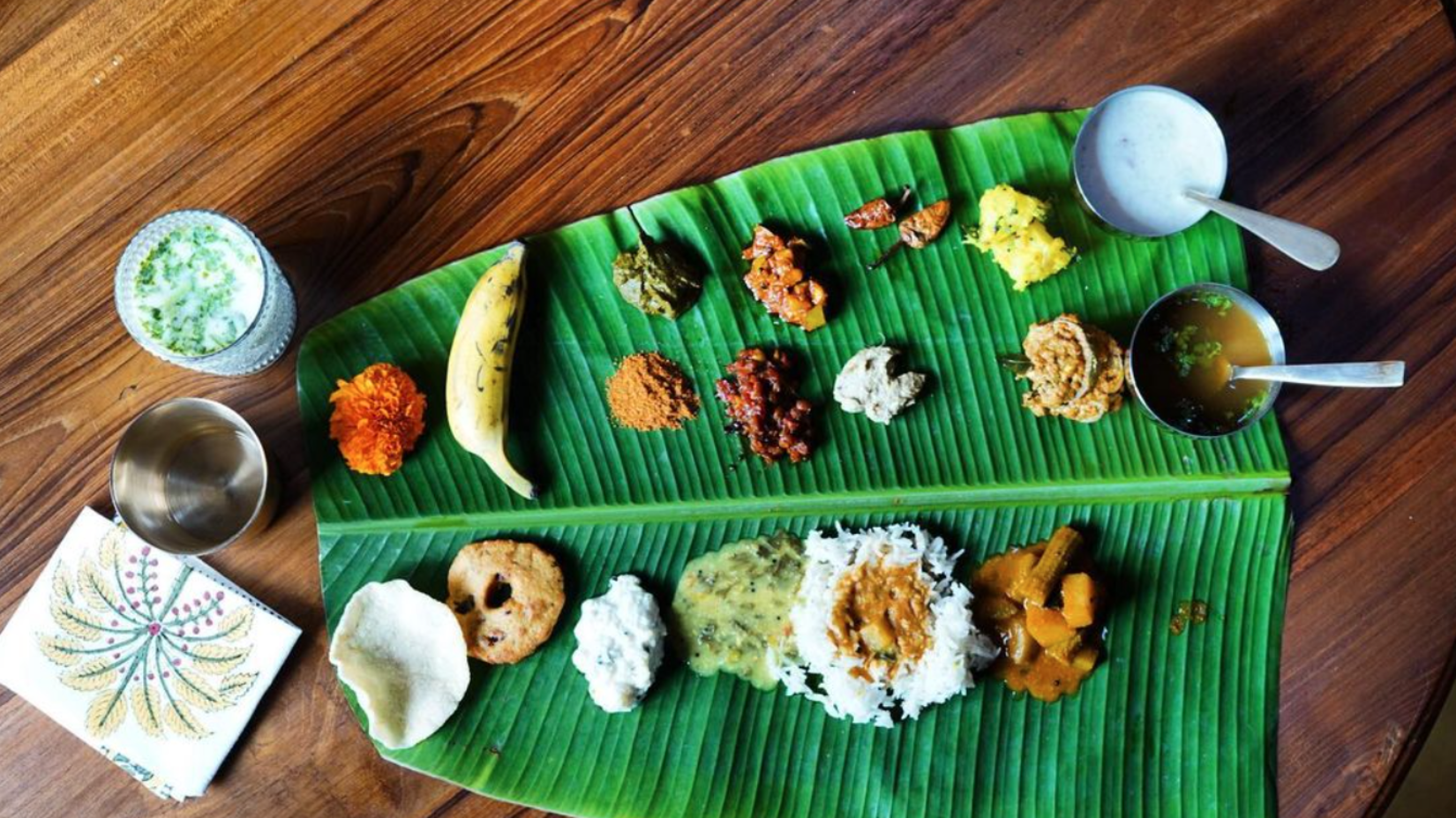 meal served on a banana leaf