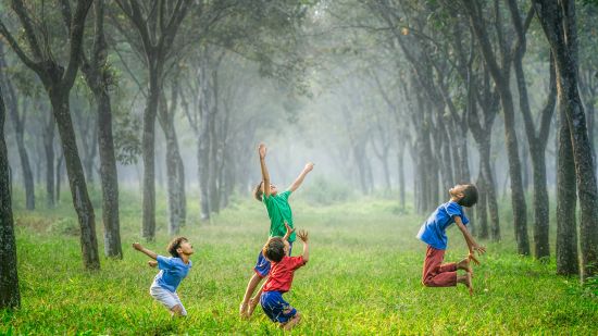 A group of children playing in a garden with trees surrounding it - Best vacations near Delhi