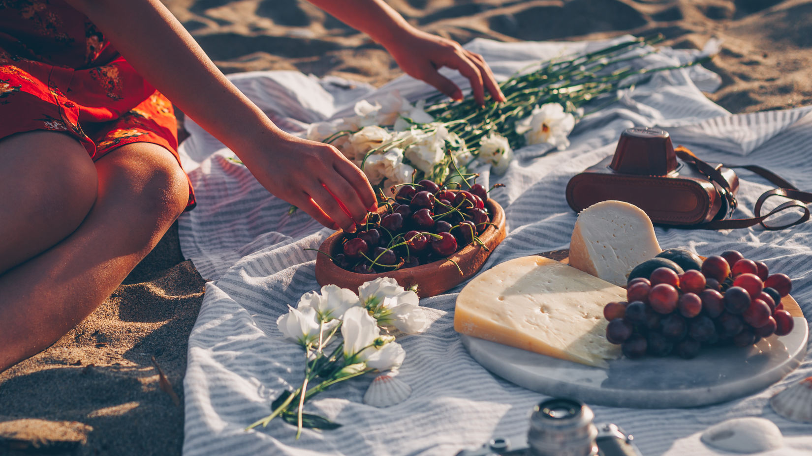 a woman s hand picking up blueberries on a plate and a vintage camera kept on the same sheet captured during the day