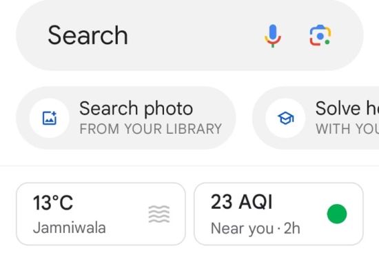 alt-text A Google search page with options for voice and camera search, 13°C weather, 23 AQI