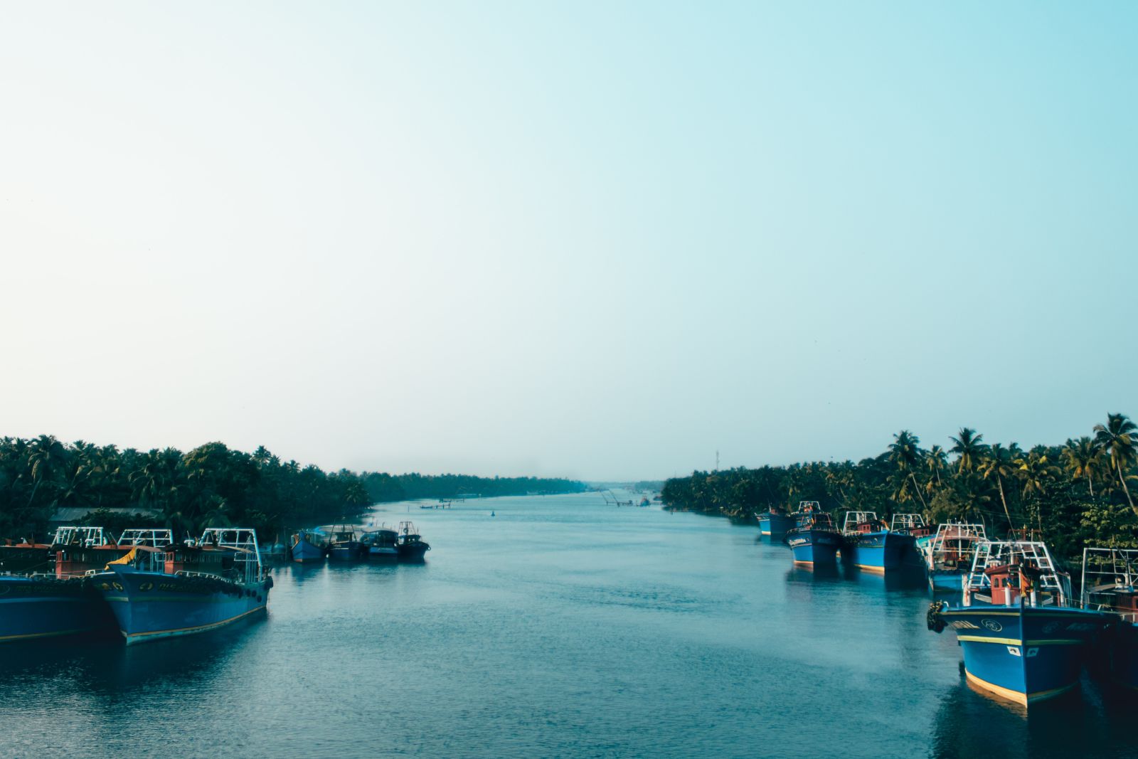 Image of boats and ships on a water body that is surrounded by lush green trees on either sides