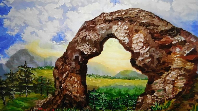 a painting depicting the natural formation of a rock with a hole in between