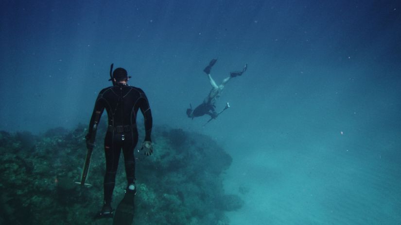 divers with coral in the background