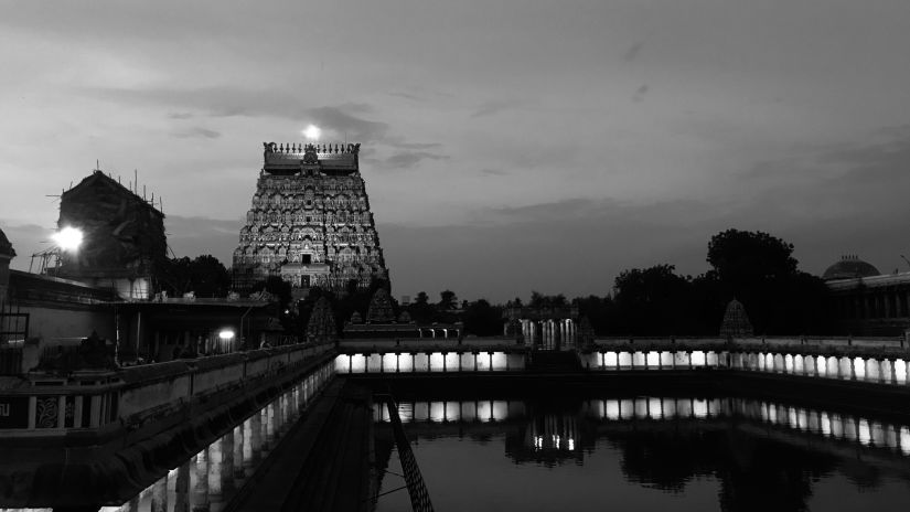 a black and white image of Varaswamy Temple facade with water view