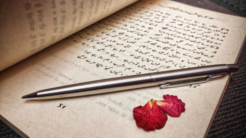 a pen and two petals of rose kept on an open book 