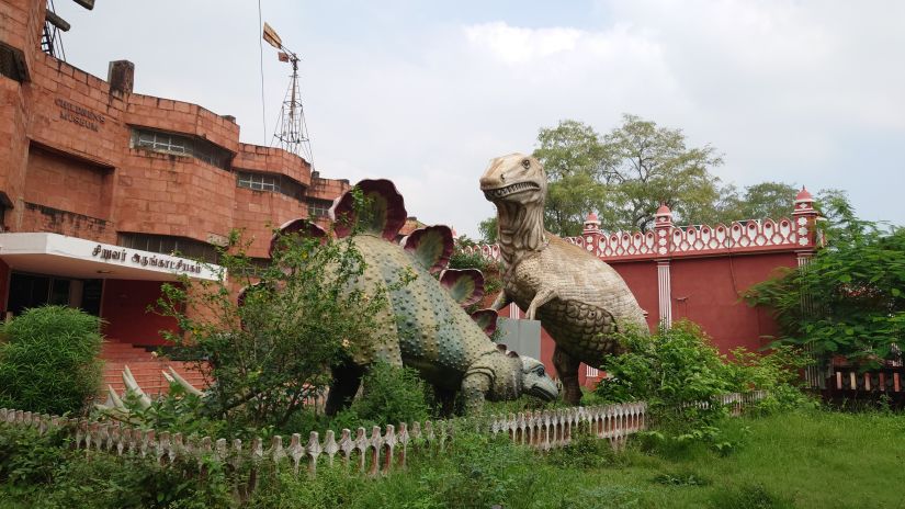 dinosaur models near the entrance of a children's museum