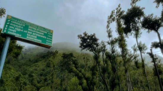 An overview of Chikmagalur with mist on a mountain in the background