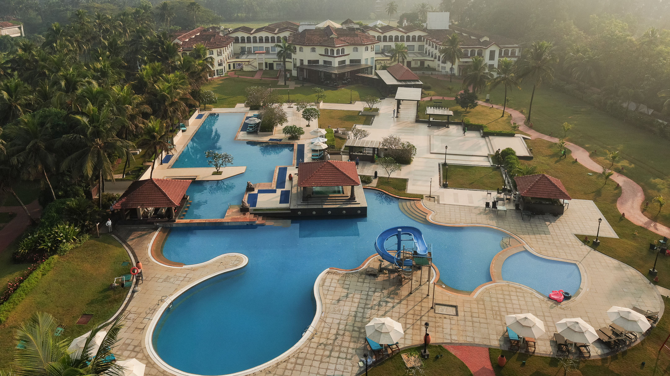 A breathtaking aerial view of the resort in South Goa with swimming pool