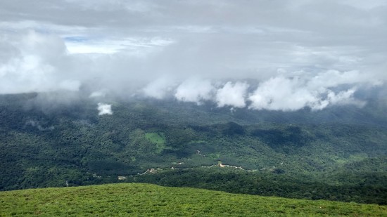 lush green mountain top with white clouds in backdrop