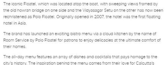 an article of Restaurant India Online 2 16th June 2021 - polo floatel kolkata