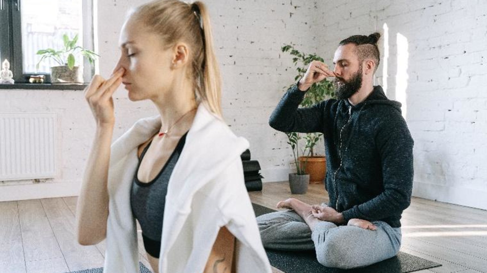 people practising breathing techniques